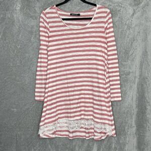 Bishuige Small Top Shirt Red White Striped Long Sleeve Scoop Neck Cotton Knit